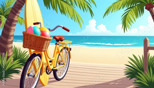 Yellow bicycle with beach balls by the ocean under palm trees  