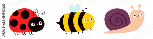 Snail, lady bug ladybird bee bumblebee insect icon set line. Ladybug. Side view. Cute cartoon kawaii funny baby character. Sticker print. Childish style. Flat design. White background. Vector