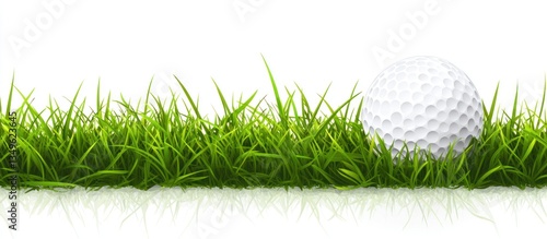A golf ball nestled in lush green grass on a white background