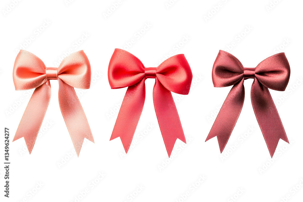 Fototapeta premium Three colorful satin bows, arranged in a row, cut out transparent