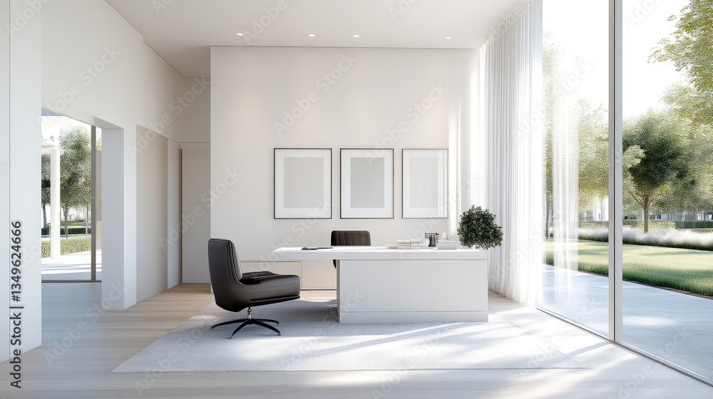 Fototapeta premium Modern minimalist office with large windows. Spacious, bright, and tranquil workspace