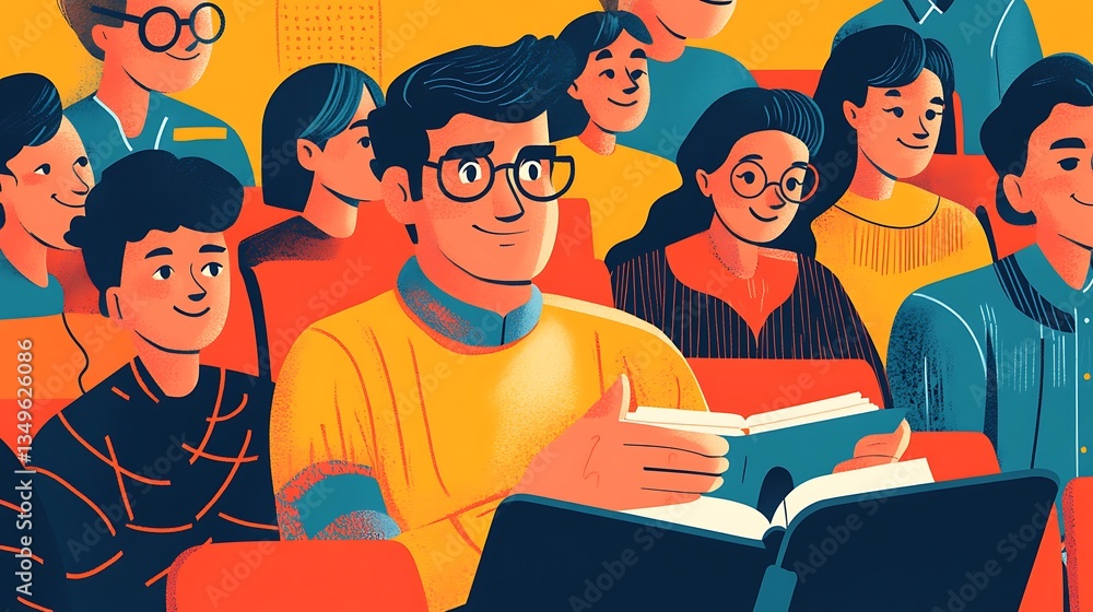 Man reading book in audience.