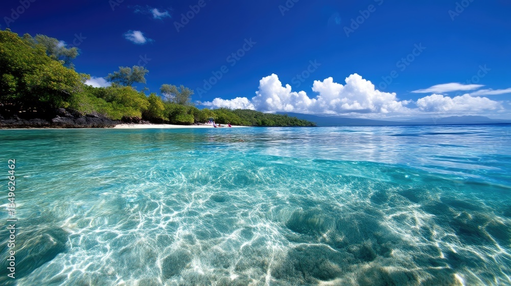 Fototapeta premium Tropical paradise beach scene. Crystal clear shallows meet white sand and lush greenery