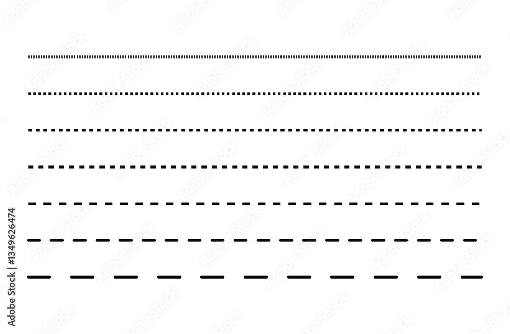 Set of dashed straight lines of different styles. Vector design elements. Set Element simple divider. black dashed line set collection isolated on white background. Eps file 16.