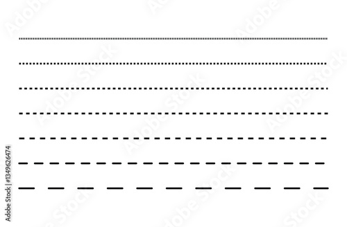 Set of dashed straight lines of different styles. Vector design elements. Set Element simple divider. black dashed line set collection isolated on white background. Eps file 16.