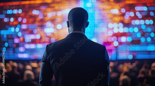 A suited individual stands before a vibrant digital display, captivated by colorful lights and patterns, amidst an audience.