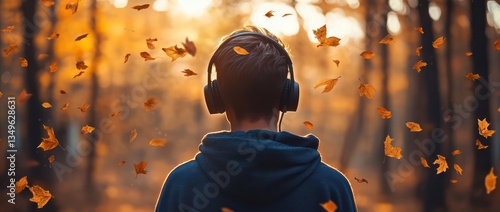 Teen listening music headphones autumn forest leaves fall