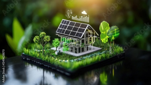 SDGs concept. Model of a sustainable house with solar panels and greenery.