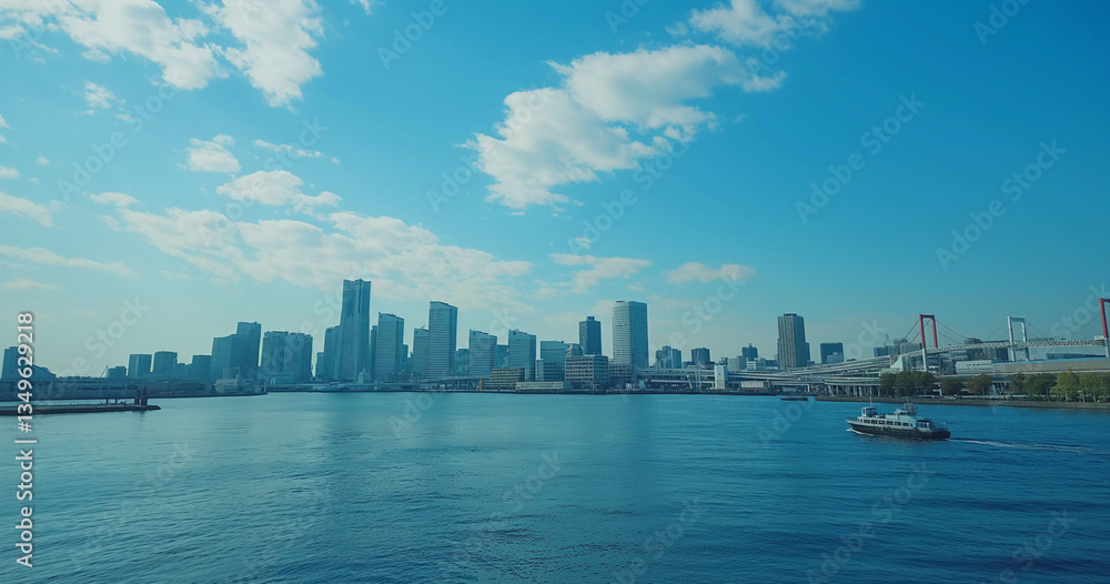 Yokohama skyline and clear blue skies from the water. Yokohama skyline and clear blue skies from the water.
