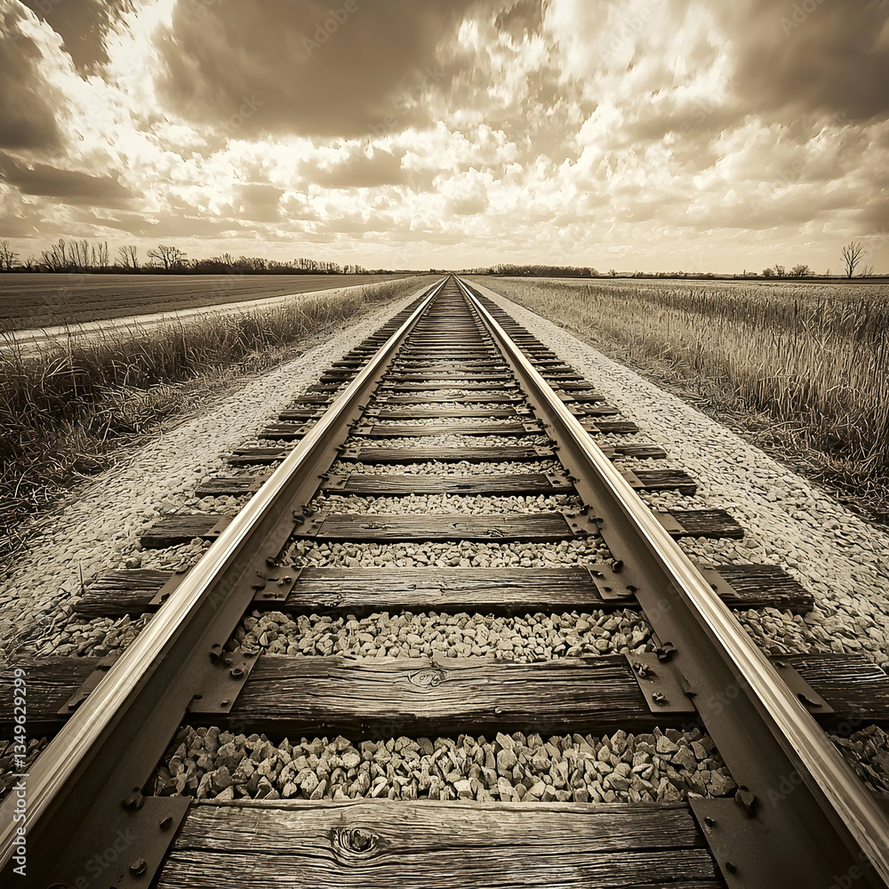 Rural railroad tracks vanishing into sepia-toned horizon under dramatic sky; travel, journey concept Rural railroad tracks vanishing into sepia-toned horizon under dramatic sky; travel, journey concept