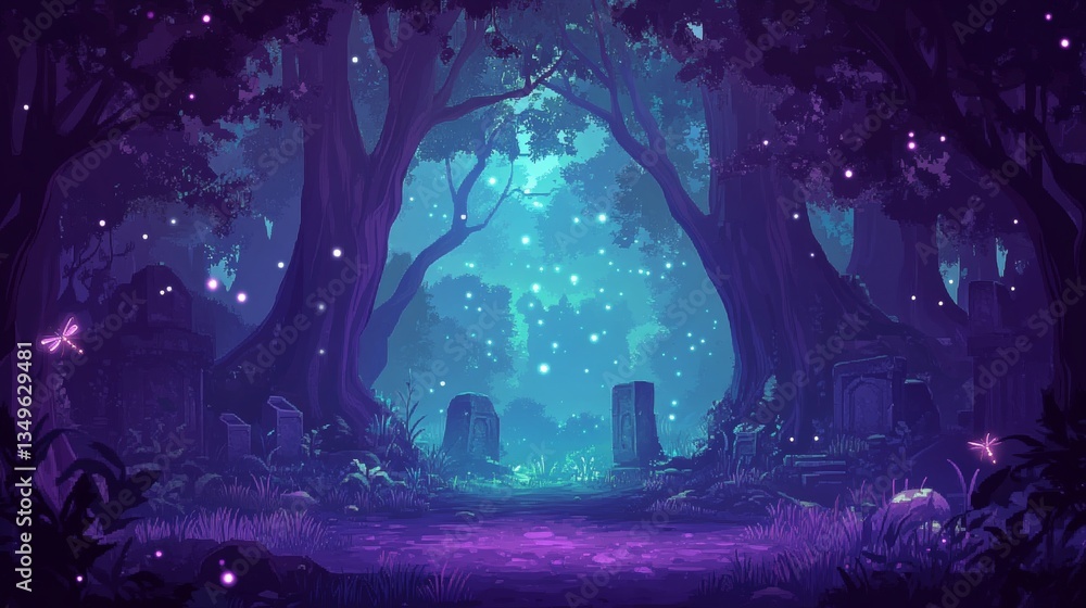 Fototapeta premium Enchanting fantasy pixel forest background for vintage 8-bit game design
