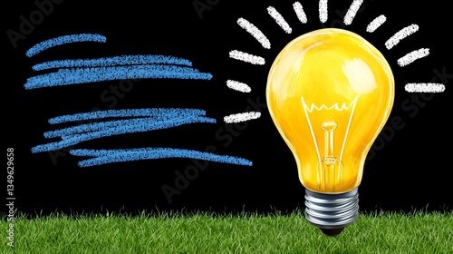Bright Yellow Light Bulb Surrounded by Green Grass Against a Black Background