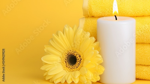 Bright Yellow Spa Setup with Fresh Daisies Soft Towels and a Lit White Candle