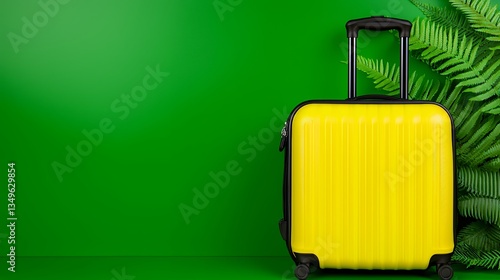 Bright Yellow Suitcase Against Vibrant Green Background with Lush Ferns
