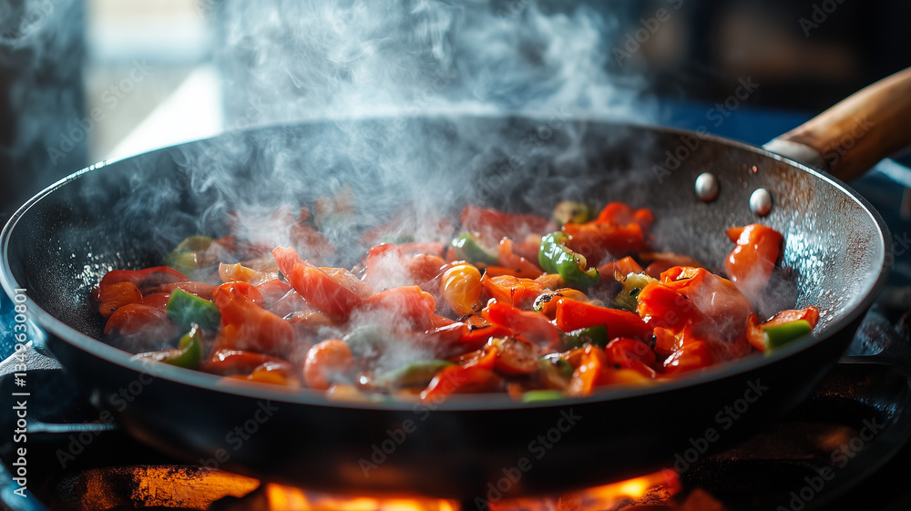 Smoky Peppers Roast Over an Open Flame in a Hot Sizzling Pan with Intense Aroma Smoky Peppers Roast Over an Open Flame in a Hot Sizzling Pan with Intense Aroma