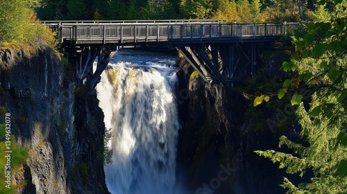 Autumn waterfall bridge scenic forest nature travel poster