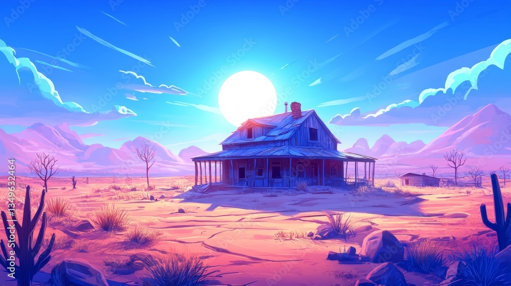 Fototapeta premium Whimsical midday desert ghost town cartoon design for creative projects