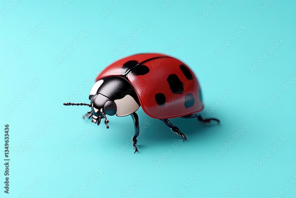 Detailed ladybug on a turquoise background. A vibrant red ladybug with black spots is centered on a light turquoise surface. Detailed ladybug on a turquoise background. A vibrant red ladybug with black spots is centered on a light turquoise surface.