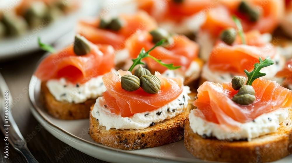 A vibrant shot of toast topped with cream cheese, smoked salmon, and capers, beautifully arranged on a plate for an elegant appetizer presentation. A vibrant shot of toast topped with cream cheese, smoked salmon, and capers, beautifully arranged on a plate for an elegant appetizer presentation.