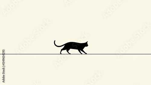 Seamless loop animation background of minimalist black cat silhouette walking with balance on a thin line against a light background, symbolizing 
