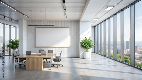 Modern Corporate Office Interior with Large Blank Whiteboard on Wall, Conference Room, and Panoramic City View Through Glass Windows