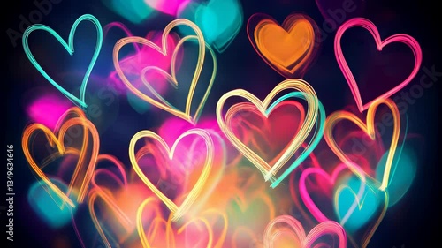 Seamless loop animation background of colorful neon hearts moving naturally and glowing against a dark background
