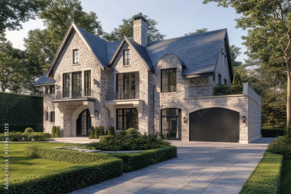 Luxury stone house situated in a serene neighborhood with lush greenery and a well-manicured lawn, showcasing classic architecture during a clear sunny day Luxury stone house situated in a serene neighborhood with lush greenery and a well-manicured lawn, showcasing classic architecture during a clear sunny day