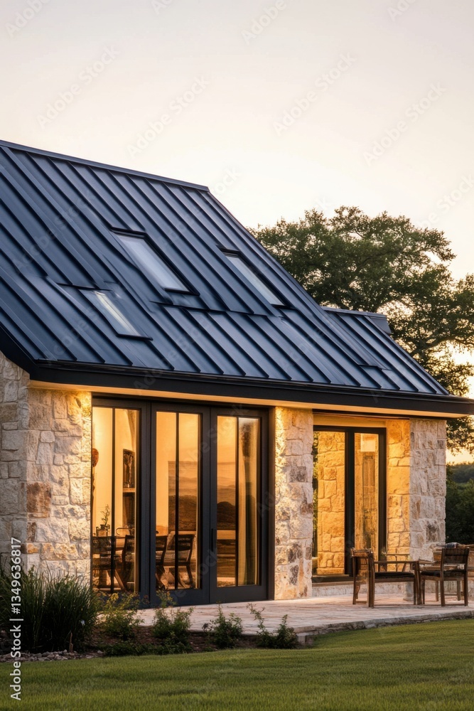Modern stone house with large windows glowing at dusk surrounded by green grass and trees, creating a serene and inviting atmosphere in a rural setting Modern stone house with large windows glowing at dusk surrounded by green grass and trees, creating a serene and inviting atmosphere in a rural setting