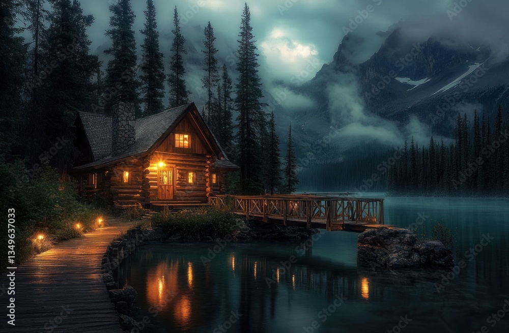 Fototapeta premium Mountain lake cabin at night. Peaceful wilderness lodge