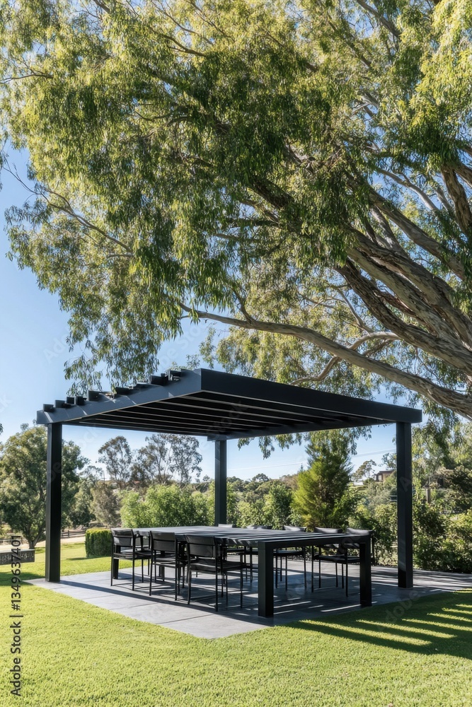 Outdoor dining area with modern pergola and large table surrounded by greenery in bright daylight showcasing relaxed outdoor living Outdoor dining area with modern pergola and large table surrounded by greenery in bright daylight showcasing relaxed outdoor living