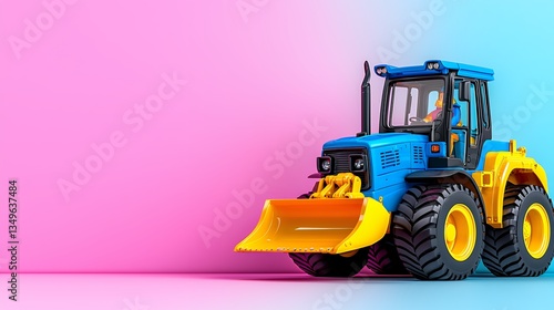Brightly Colored Construction Tractor on Gradient Pink and Blue Background