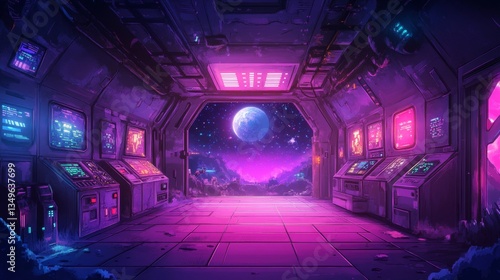 Fototapeta Naklejka Na Ścianę i Meble -  Futuristic 8-bit space station interior with stunning cosmic view for retro gaming design