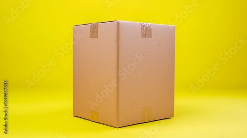 Brown Cardboard Box on Bright Yellow Background with Subtle Texture and Lighting