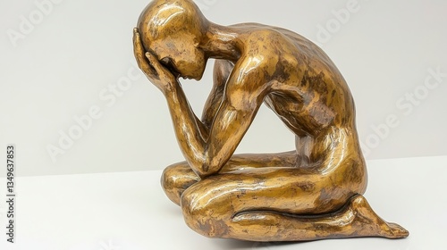 Bronze Seated Figure Sculpture Sorrowful Pose, Detailed Texture