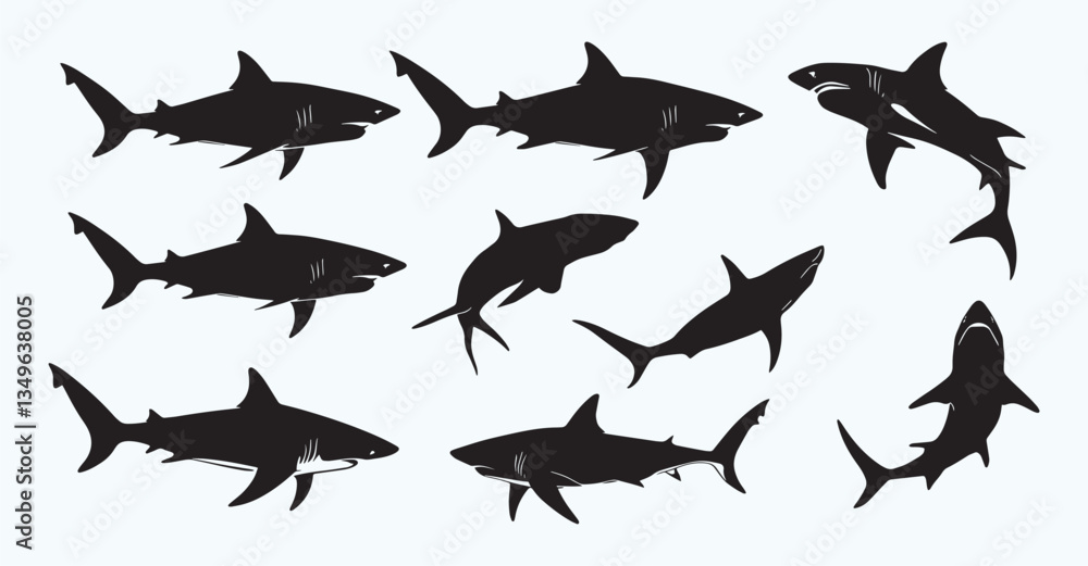 Fototapeta premium Minimalist Shark Silhouette Set – Vector Black Shark Icons on White Background