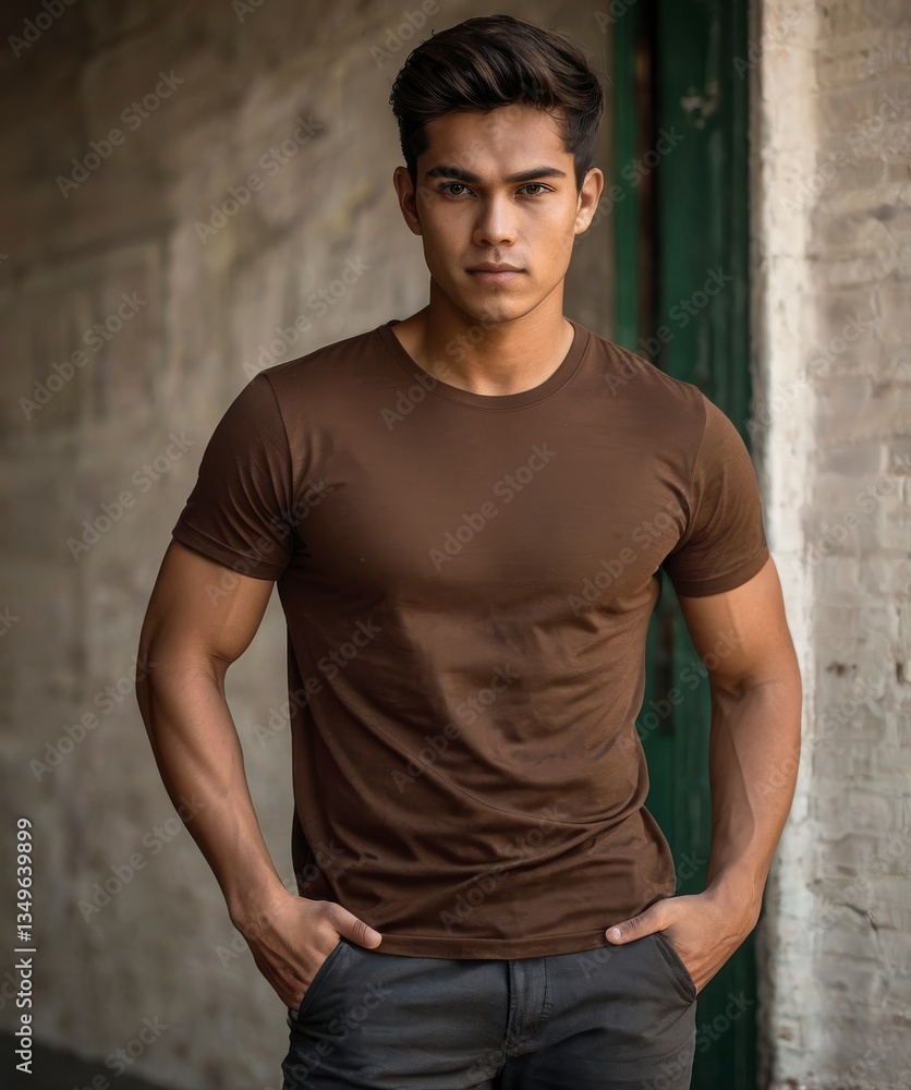 Portrait of Muscular Young Man in Brown T Shirt Against Stone Wall Portrait of Muscular Young Man in Brown T Shirt Against Stone Wall