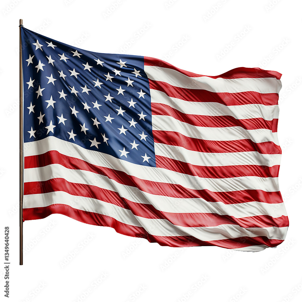 Obraz premium A majestic view of the American flag waving proudly in the wind, showcasing its vibrant red and white stripes and a field of blue stars