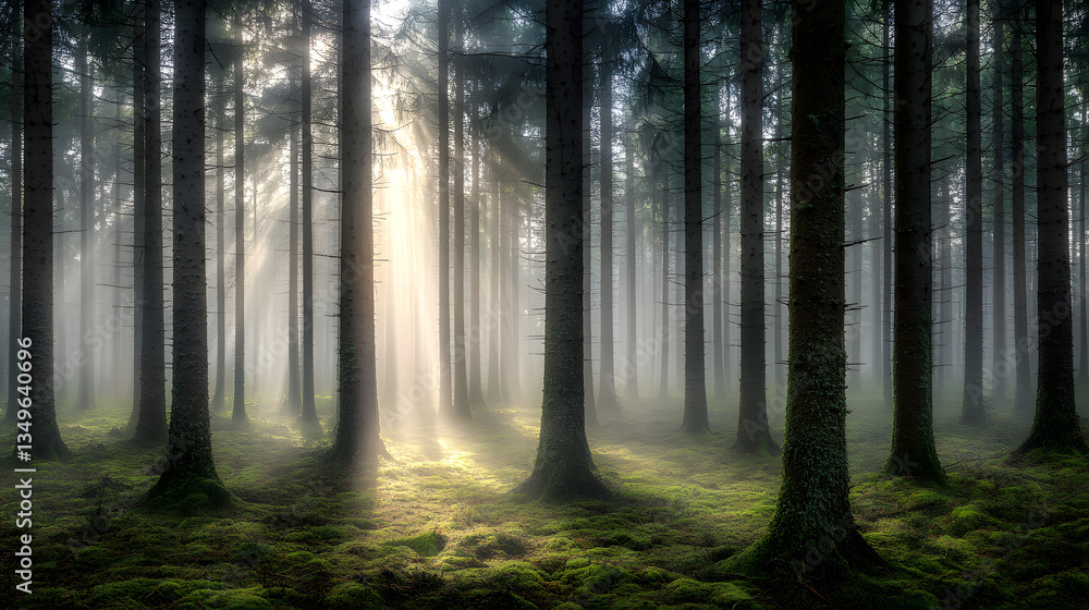 Fototapeta premium Serene woodland scene with tall trees fading into thick morning mist