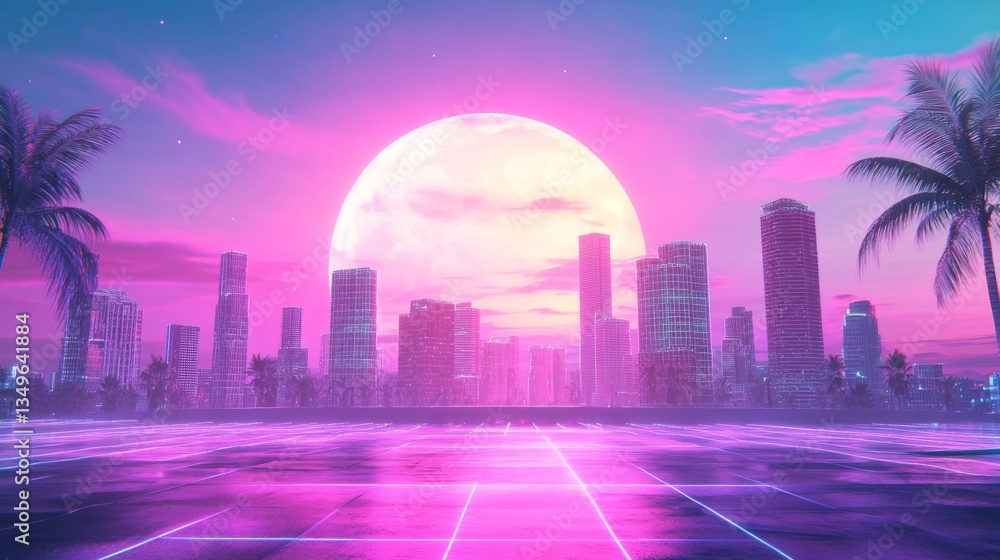 Vibrant synthwave rooftop disco with neon lights and cityscape under a full moon Vibrant synthwave rooftop disco with neon lights and cityscape under a full moon