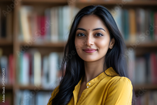 Portrait of a beautiful, smiling Indian woman in a yellow shirt, standing in a home library, looking away, with a blurred background.