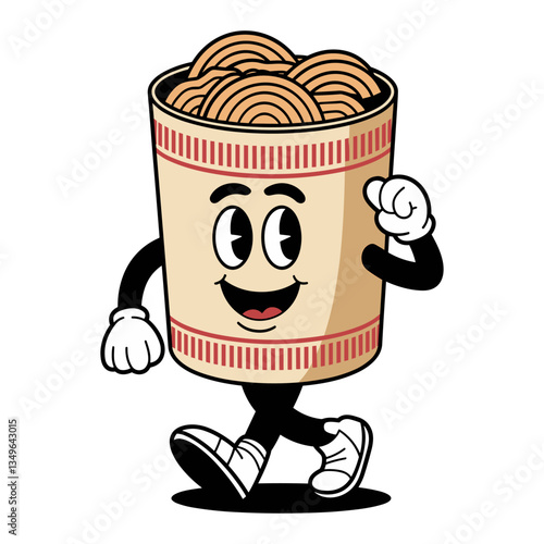 Vector cup of noodles character with arms and legs, walking with cheerful expression, food mascot