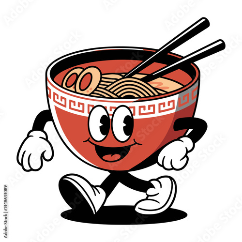 Vector cartoon ramen bowl character with arms, legs, and chopsticks, walking with smile, food mascot