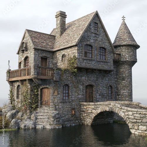 Medieval stone house on a bridge over a calm lake, with a small stone turret.