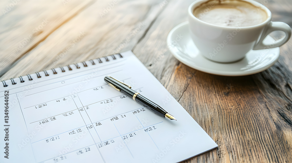 una mesa de madera con una taza de cafe caliente con una libreta o calendario para anotaciones con un boligrafo pendientes del trabajo una mesa de madera con una taza de cafe caliente con una libreta o calendario para anotaciones con un boligrafo pendientes del trabajo