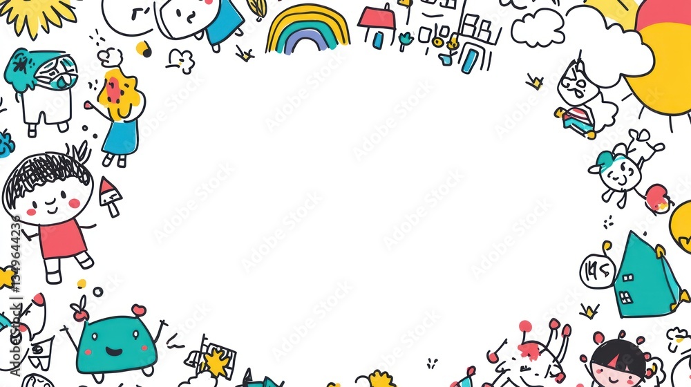Colorful children's drawings, playful, whimsical characters, blank center Colorful children's drawings, playful, whimsical characters, blank center