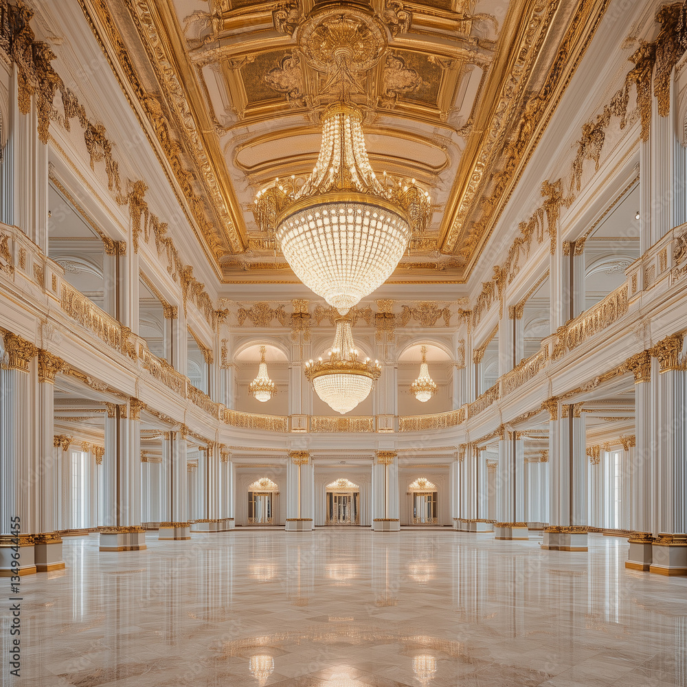 Grand Palace Hall with Elegant Chandeliers and Majestic Architecture