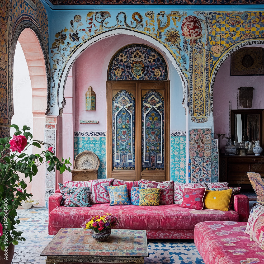Vibrant Moroccan Courtyard with Ornate Architecture and Cushioned Seating
