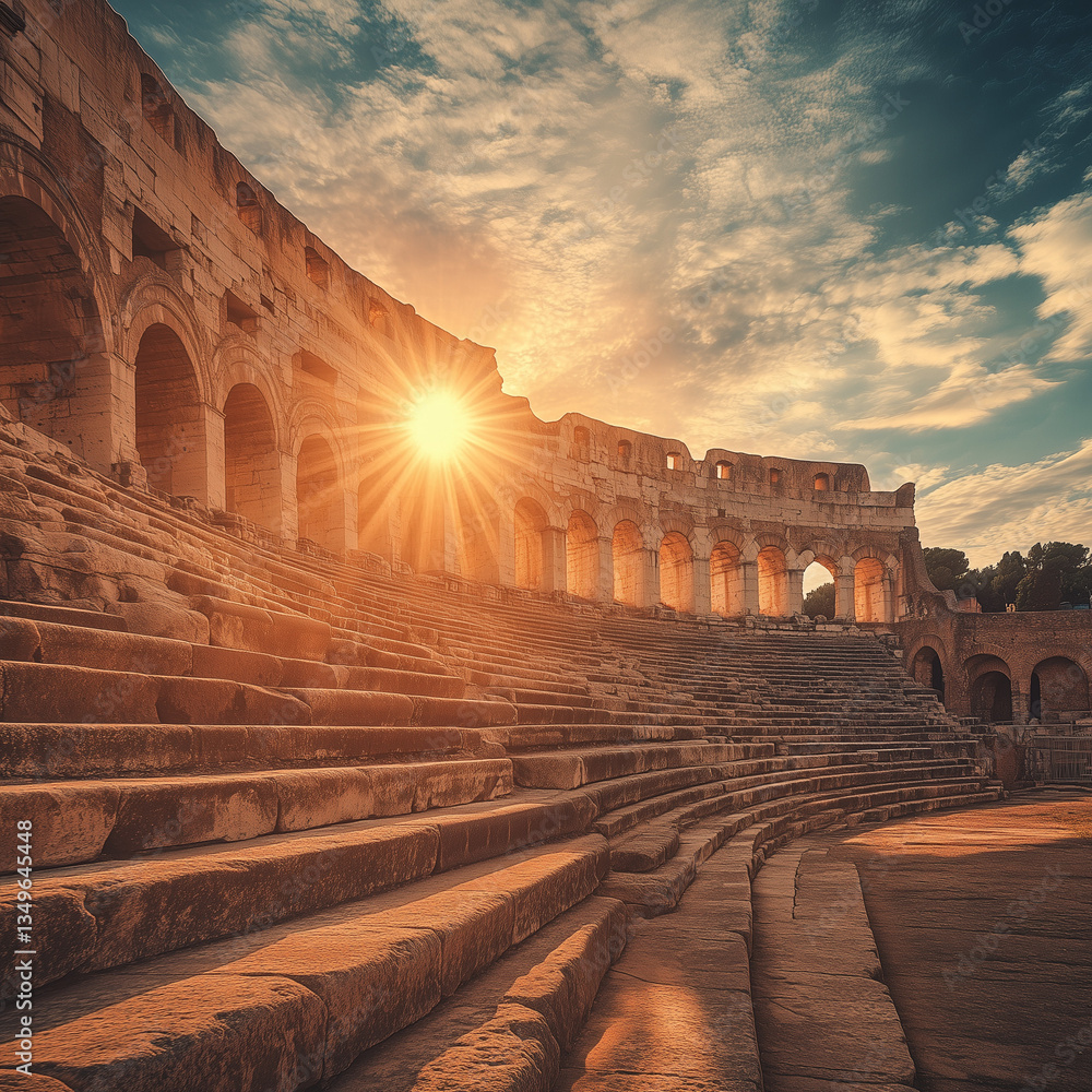 Roman Amphitheater with Golden Sunset and Scenic Sky