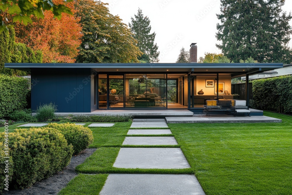 Beautiful modern home with a covered patio and lush backyard in the Pacific Northwest, with grey stone pavers on one side of an outdoor living space leading to a flat concrete surface material