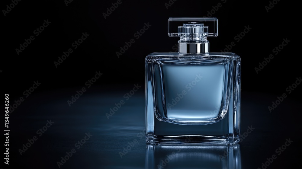 Elegant perfume bottle, clear glass, dark background Elegant perfume bottle, clear glass, dark background